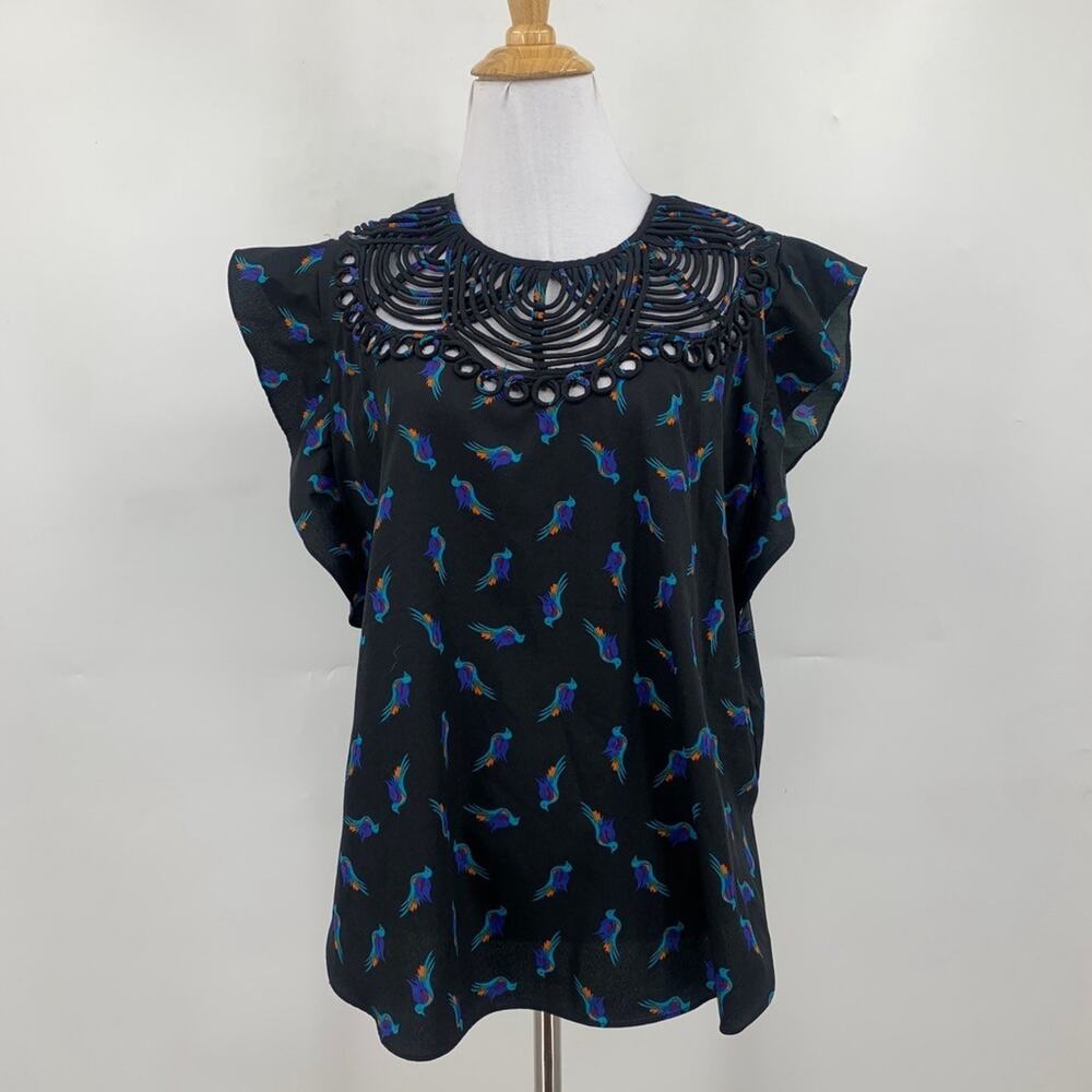 Ranna Gill Blouse Womens S Small Black Birds Cutout Neckline Flutter Sleeve Top - Picture 2 of 12